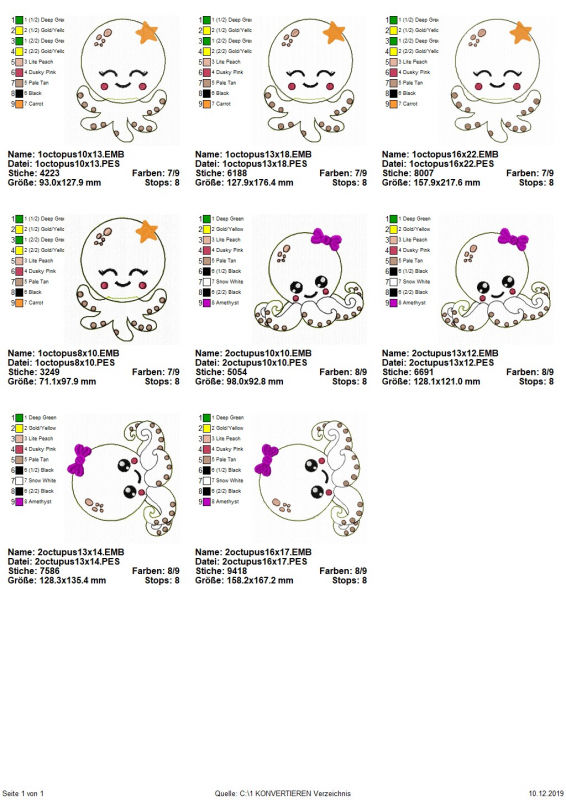 Stickdatei Set Octopus Applikation für Junge & Mädchen, Übersicht zeigt 8 Applikationsdateien mit Oktopussen- 4 mal mit Schleife, 4 mal mit Stern.